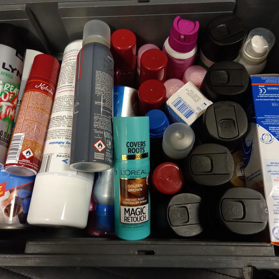 BOX OF APPROXIMATELY 30 ASSORTED AEROSOLS TO INCLUDE LYNX AFRICA, HEAVY DUTY SPRAT ADHESIVE, CHIQUE BODY SPRAY - COLLECTION ONLY