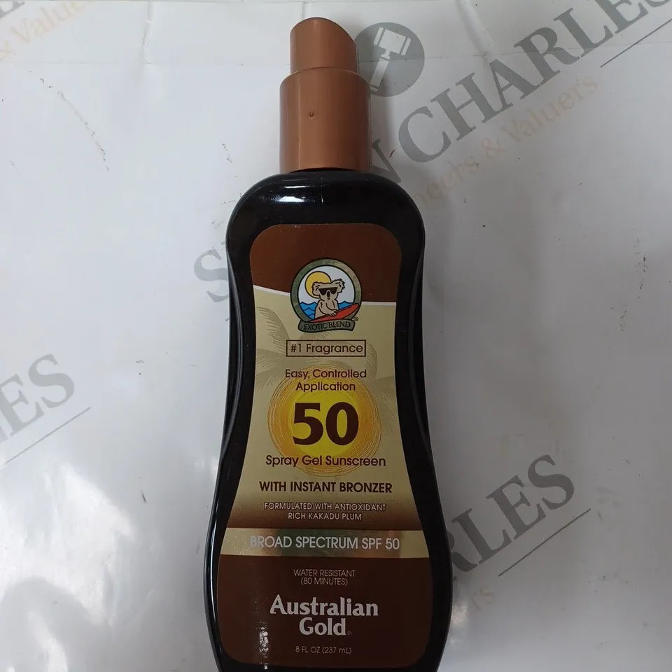 BOX OF APPROX 10 EXOTIC BLEND AUSTRALIAN GOLD SPRAY GEL SUNSCREEN. 