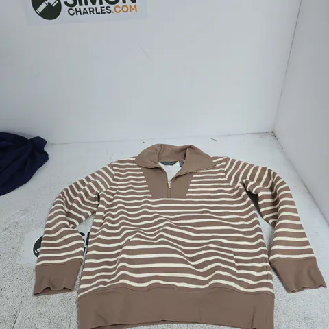 RUTH LANGFORD STRIPED ZIP-NECK KNIT JUMPER, BROWN & WHITE  UK S