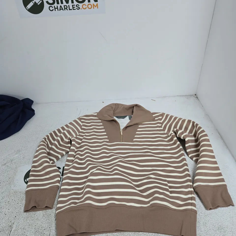 RUTH LANGFORD STRIPED ZIP-NECK KNIT JUMPER, BROWN & WHITE  UK S