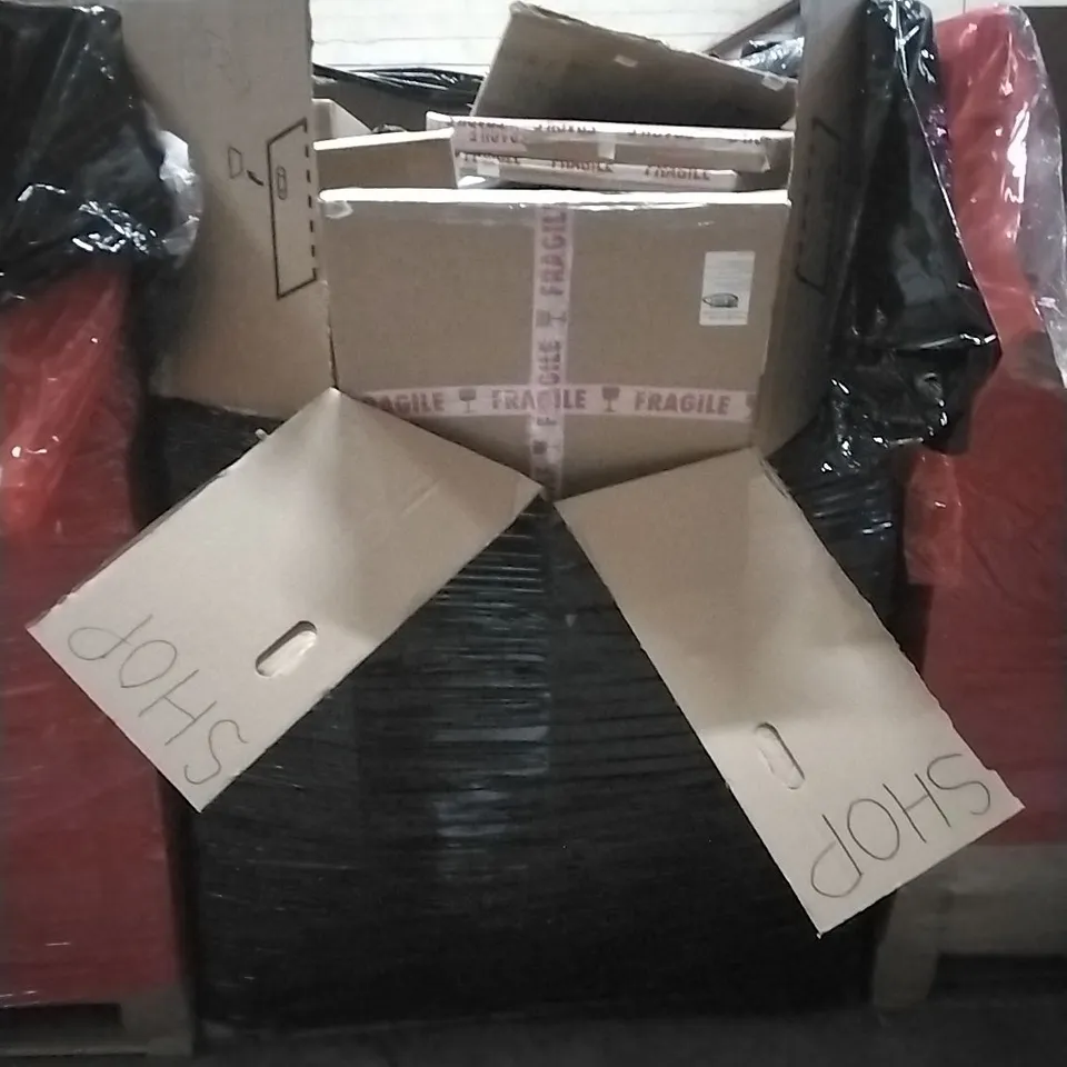 PALLET OF HOUSEHOLD ITEMS TO INCLUDE TONER CARTRIDGES, AIR FRYER OVEN,STONE BATH MAT,PULL UP BAR AND OTHER ASSORTED ITEMS...