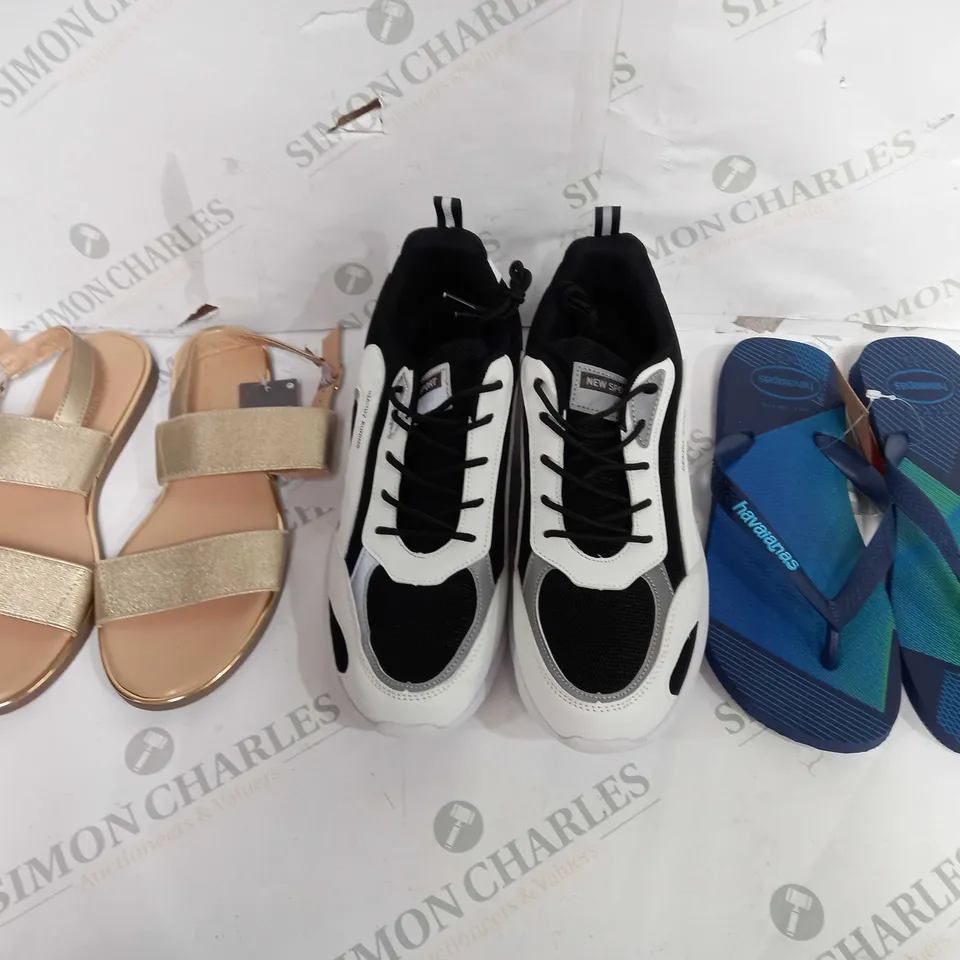 BOX OF APPROXIMATELY 10 ASSORTED PAIRS OF SHOES IN VARIOUS STYLES AND SIZES ,TO INCLUDE PRIMARK, NEW SPORT, HAVAIANAS, ETC