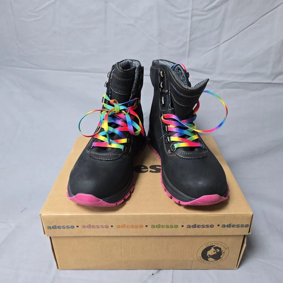 ADESSO BLACK ANKLE BOOTS WITH RAINBOW LACES (SIZE 39) – BOXED