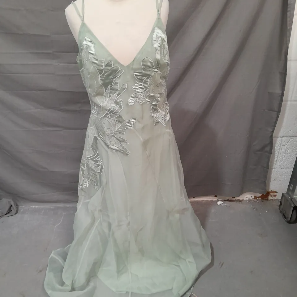 KAREN MILLEN SATIN APPLIQUE WOVEN MAXI EVENING DRESS SAGE SIZE 12