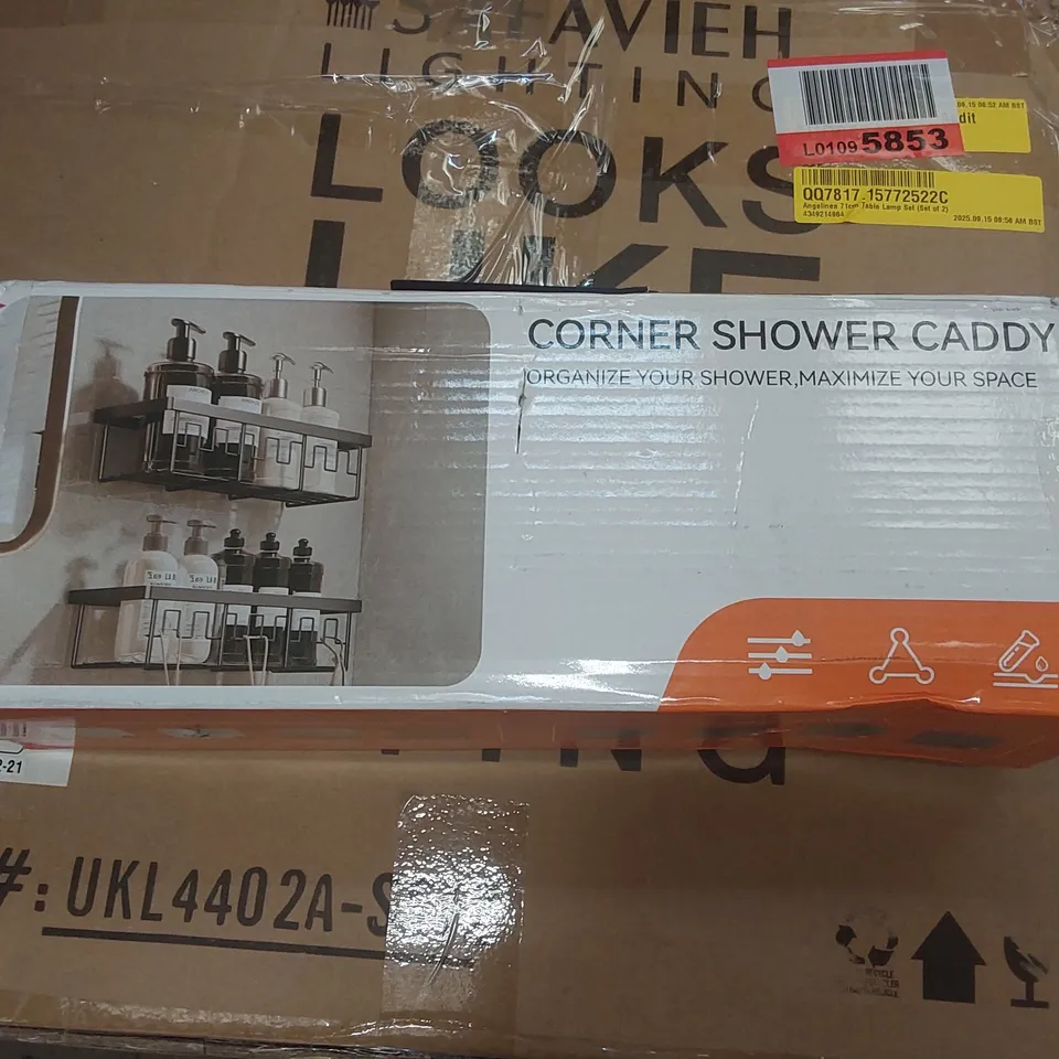 BOXED CORNER SHOWER CADDY, NO DRILLING BATHROOM SHELF ORGANISER, STAINLESS STEEL (1 BOX)