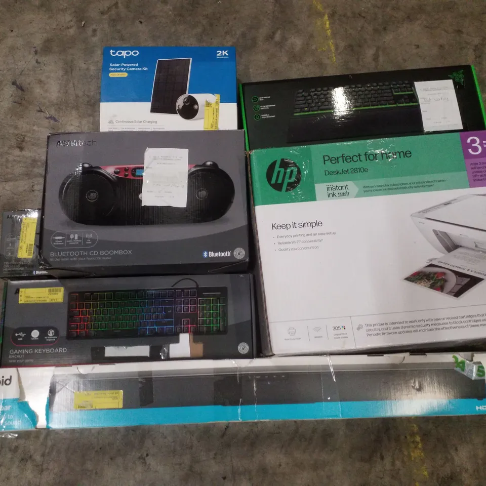 PALLET CONTAINING ASSORTED ELECTRICAL RETURNS INCLUDING HP PRINTER, 30W SOUNDBAR, GAMING KEYBOARDS, CD BOOMBOX & SOLAR POWERED SECURITY CAMERA KIT