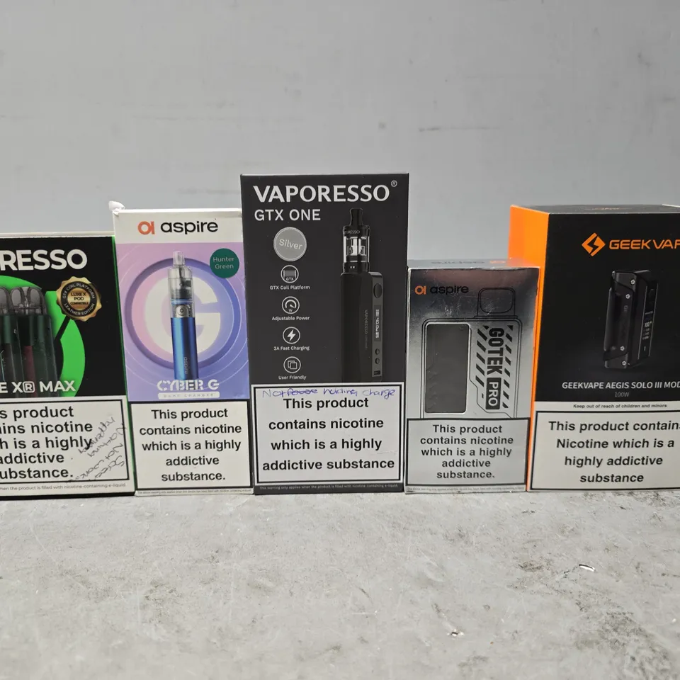 BOX OF APPROXIMATELY 18 ASSORTED E-CIGARETTES PRODUCTS TO INCLUDE - GEEK VAPE , ASPIRE , VAPORESSO ETC