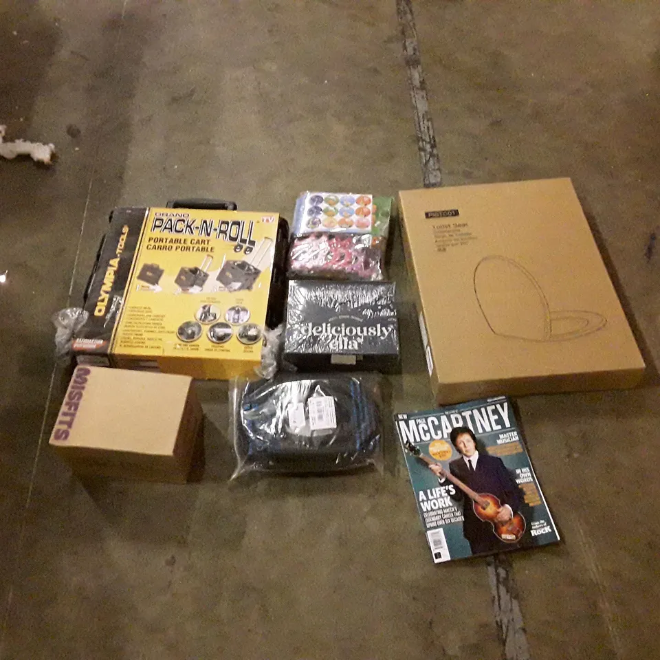 PALLET CONTAINING ASSORTED HOUSEHOLD PRODUCTS INCLUDING TOILET SEAT, MAGAZINES, PLANT-BASED CHOCOLATE, PROTIEN BARS, PORTABLE CART ETC 