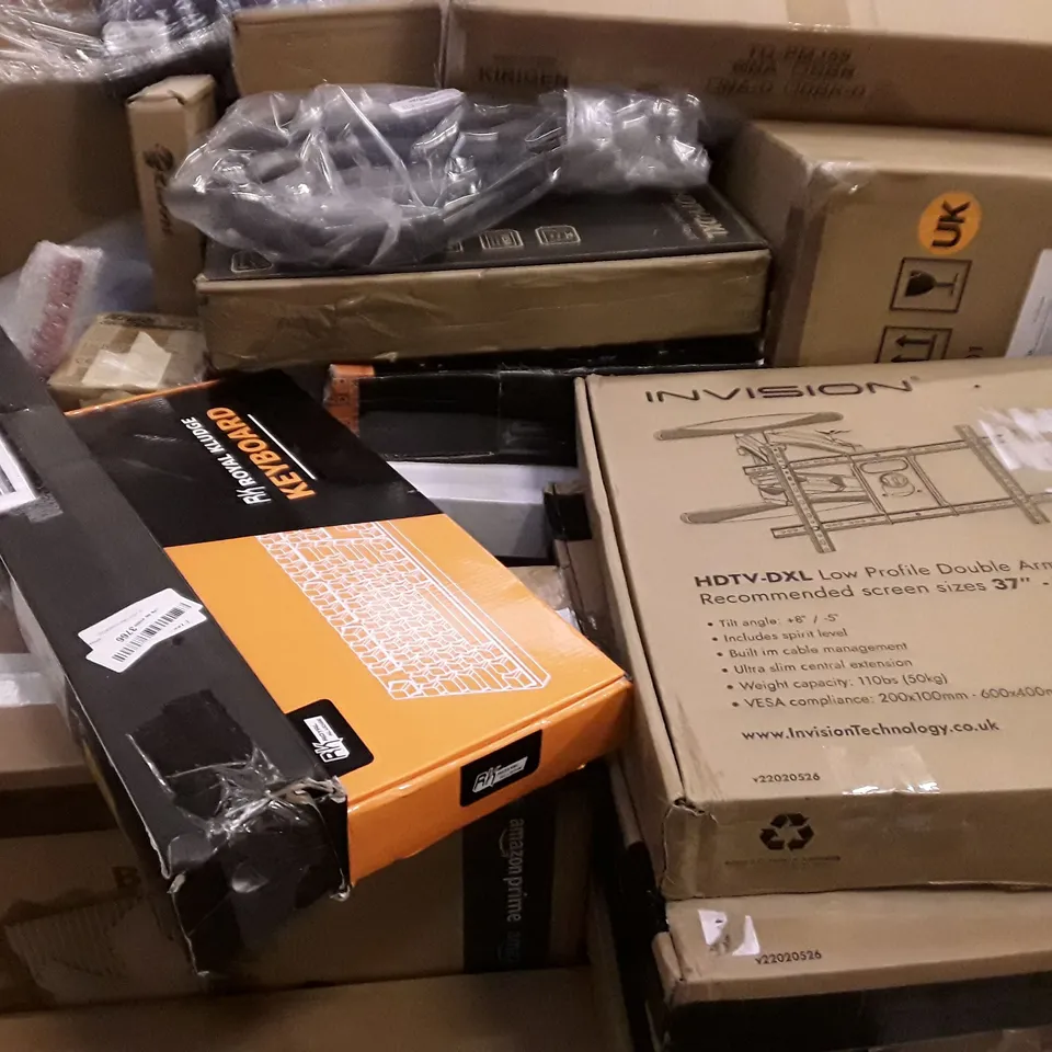 UNPROCESSED PALLET OF ASSORTED ITEMS TO INCLUDE CANTILEVER MOUNT, WALKING STICKS, COMPUTER KEYBOARDS AND FOLDABLE 3 WHEEL SCOOTER