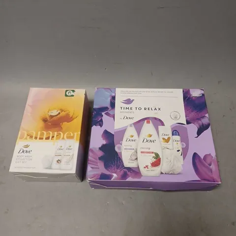 LOT OF 2 ASSORTED COSMETIC BOXSETS TO INCLUDE - DOVE PAMPER BODY COLLECTION - DOVE TIME TO RELAX BODY COLLECTION