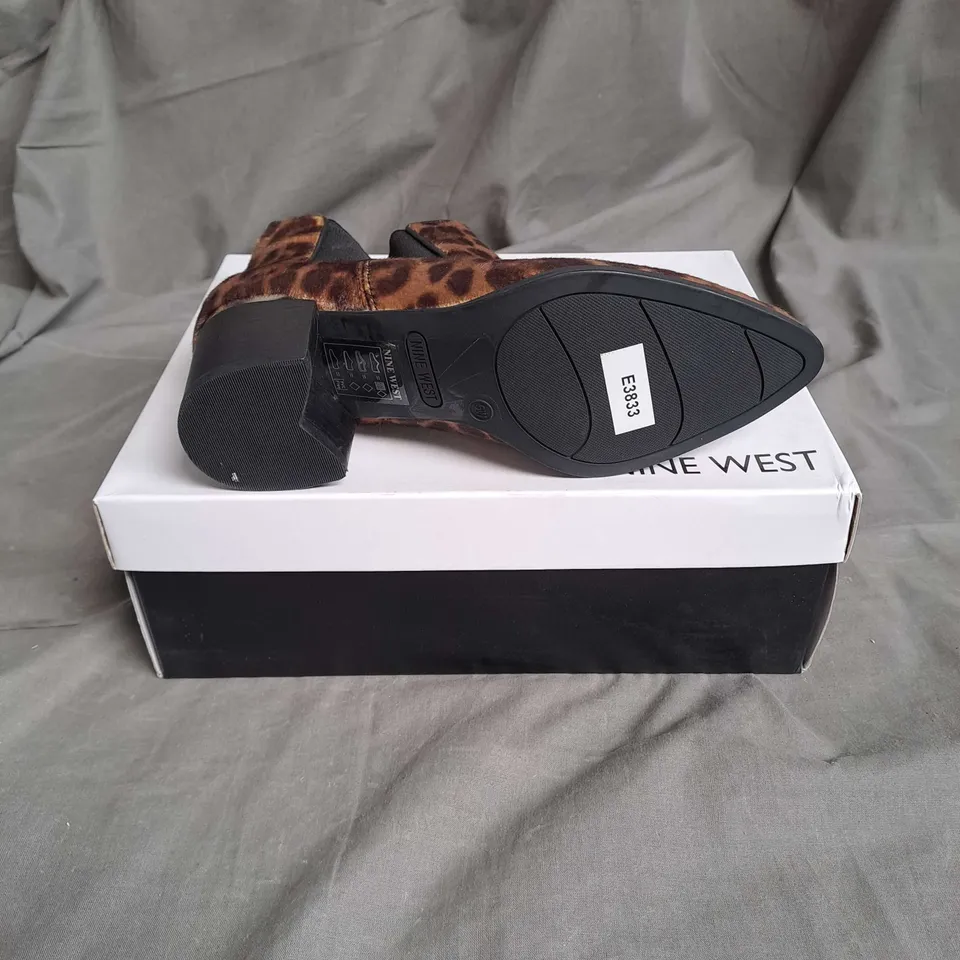 BOXED PAIR OF NINE WEST SYNTHETIC ANKLE BOOTS IN LEOPARD SIZE EU 35