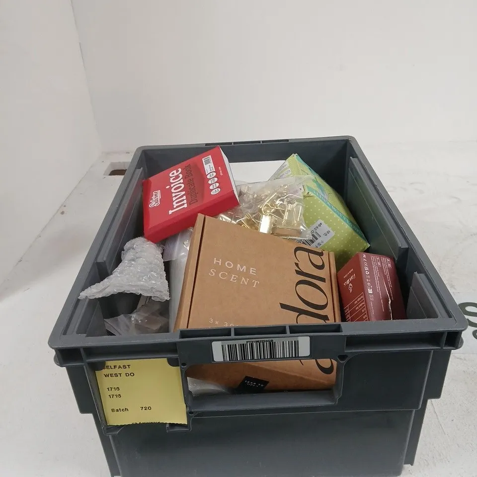 TOTE OF APPROXIMATELY 15 ASSORTED ITEMS TO INCLUDE ADORA HOME SCENT REFILLS, INVOICE DUPLICATE BOOK, HAND WARMERS, EMBELLISH KNIT, GOLD COLOURED CLIPS ETC