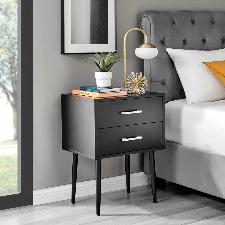 BRAND NEW BOXED TAYLOR 2 DRAWER BLACK BEDSIDE TABLE WITH SILVER HANDLES (1 BOX)