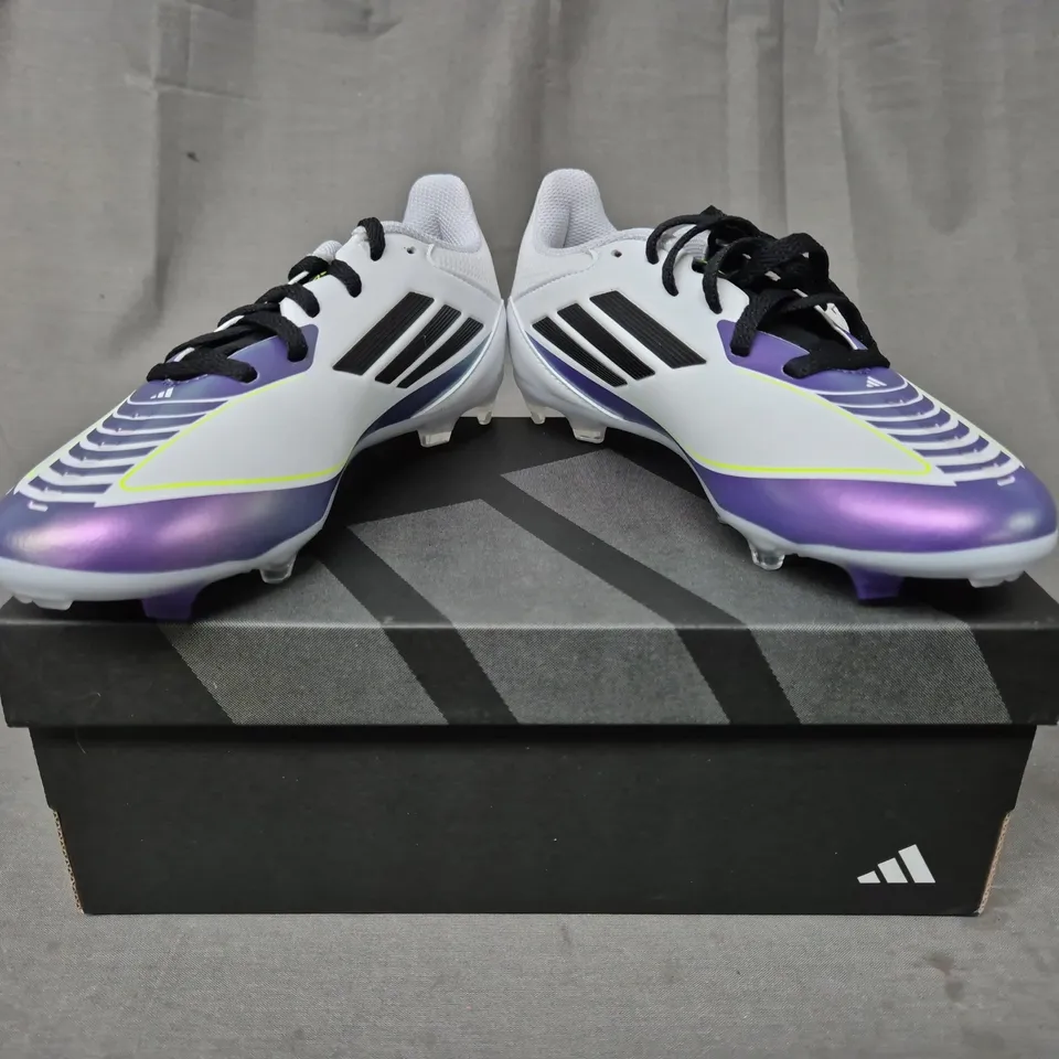 BOXED PAIR OF ADIDAS F50 LEAGUE FG/MG KID'S MESSI FOOTBALL BOOTS IN WHITE/PURPLE/BLACK UK SIZE 2