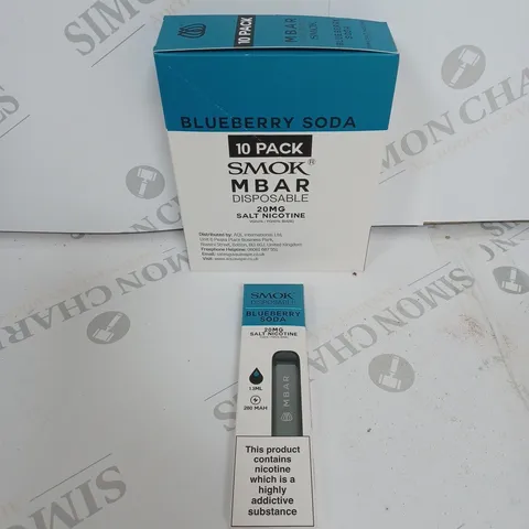 BOX OF APPROXIMATELY 10 BOXES OF BLUEBERRY SODA 10 PACK SMOK M BAR DISPOSABLE 20MG SALT NICOTINE