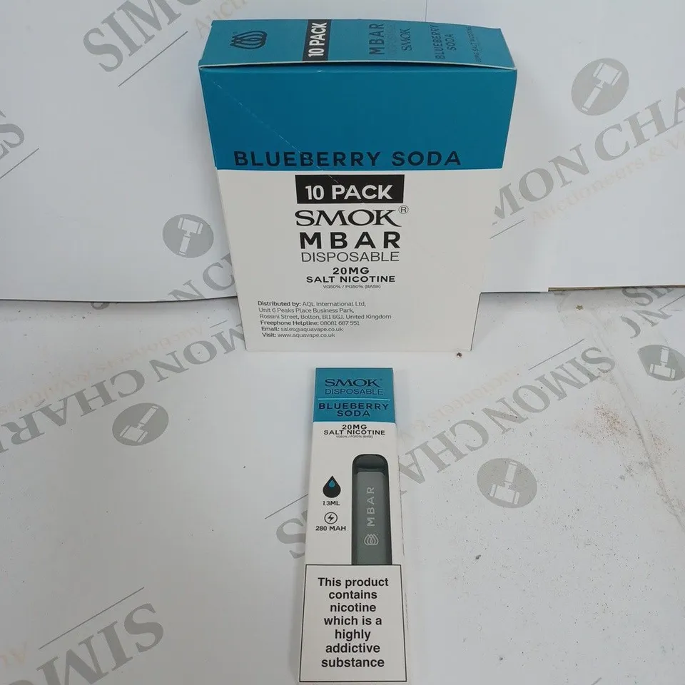 BOX OF APPROXIMATELY 10 BOXES OF BLUEBERRY SODA 10 PACK SMOK M BAR DISPOSABLE 20MG SALT NICOTINE
