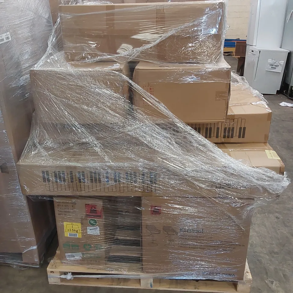 PALLET OF ASSORTED HOUSEHOLD ITEMS AND CONSUMER PRODUCTS TO INCLUDE; BAR STOOLS, 5 X ASMUSE DIGITAL PIANO 88 KEY KEYBOARDS ETC