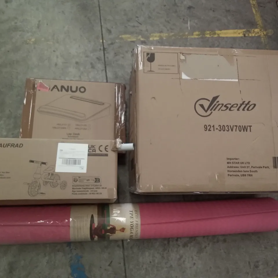 PALLET OF ASSORTED ITEMS INCLUDING KIDS TRICYCLE, HUANUO LAP DESK, TPE YOGA MAT, CELTIC POSTER, DOMISL FOLDING BRACKETS, KEYLITOS DEHUMIDIFIER