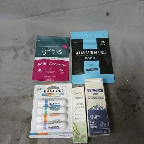 APPROXIMATELY 20 ASSORTED VITAMIN & DIETARY SUPPLEMENTS TO INCLUDE NUTRITION GEEKS BIOTIN GROWTH, HIMMENSE BOOST, NASAL SPRAY, HERBAL PURIFIER, NASAL STICKS ETC