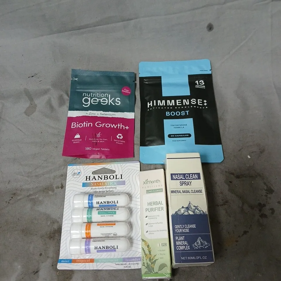 APPROXIMATELY 20 ASSORTED VITAMIN & DIETARY SUPPLEMENTS TO INCLUDE NUTRITION GEEKS BIOTIN GROWTH, HIMMENSE BOOST, NASAL SPRAY, HERBAL PURIFIER, NASAL STICKS ETC