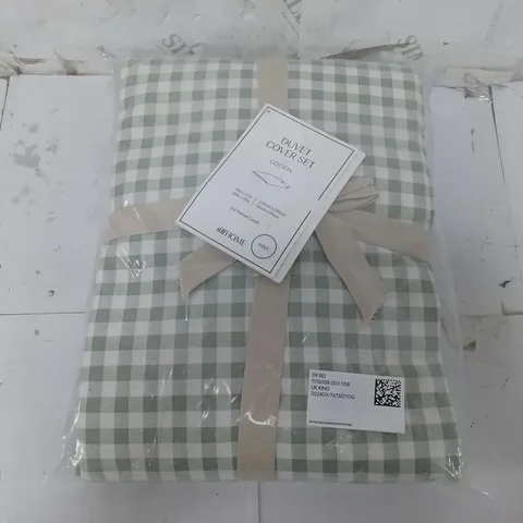 H&M COTTON DUVET COVER SET - KING - GREEN/WHITE