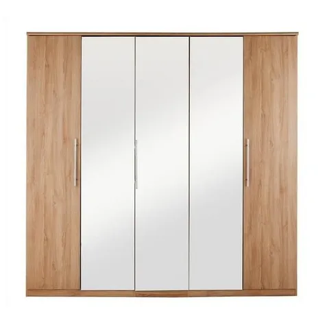 BOXED PRAGUE OAK-EFFECT 5 DOOR WARDROBE WITH MIRRORS (4 BOXES)
