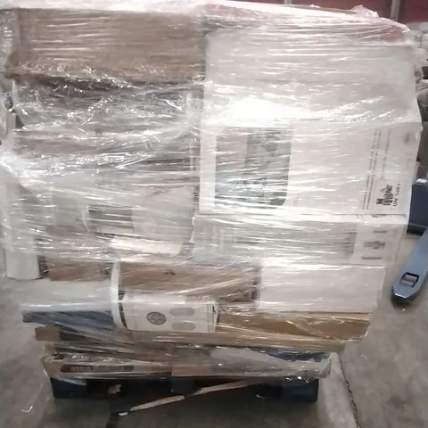 PALLET CONTAINING A LARGE QUANTITY OF ASSORTED HOUSEHOLD GOODS WHICH INCLUDE; PARASOL BASES, SUITCASES, FANS, MILK FROTHERS, HOOVERS ETC