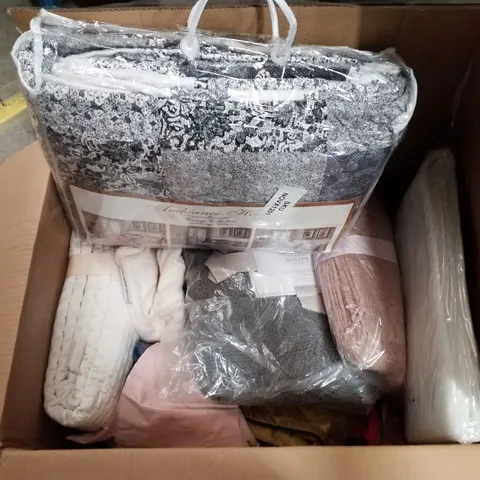 BOX CONTAINING ASSORTED FABRICS INCLUDING FAUX MOHAIR THROW, RUG UNDERLAY & CUSHION COVERS