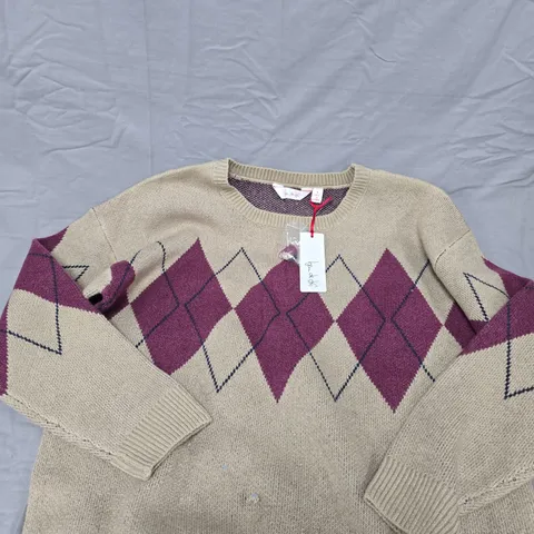 BEN DE LISI BEIGE KNIT SWEATER WITH PURPLE ARGYLE PATTERN, WOMEN'S SIZE S