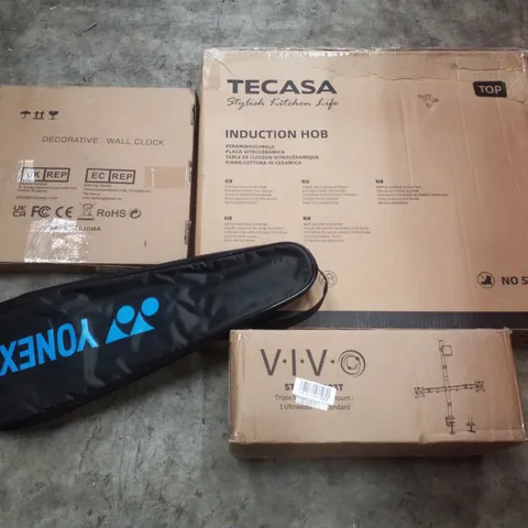 PALLET CONTAINING ASSORTED PRODUCTS INCLUDING DECORATIVE WALL CLOCK, INDUCTION HOB, BADMINTON RACKET & TRIPLE MONITOR DESK MOUNT