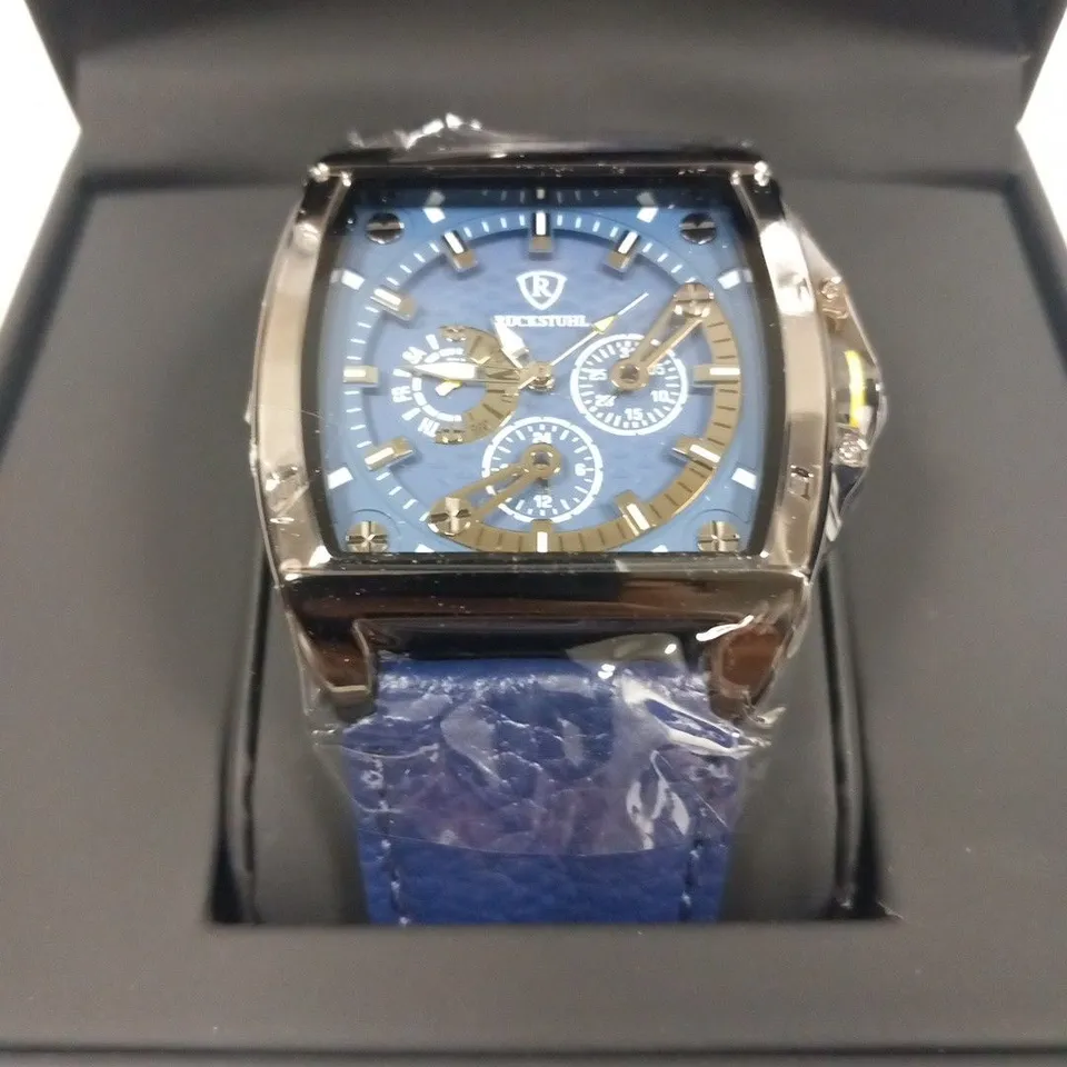 MEN’S RUCKSTUHL R300 CHRONOGRAPH WATCH – BLUE MULTI FUNCTION DIAL – BLACK CASE -3ATM WATER RESISTANT – GENUINE LEATHER STRAP