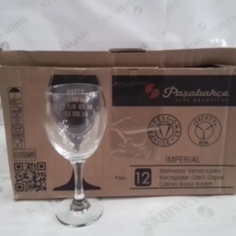 BOXED PASABAHCE WINE GLASSES APPROXIMATELY 12