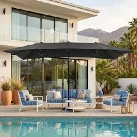 BOXED 15 FT LARGE PATIO UMBRELLA WITH 36 SOLAR LED LIGHT, DOUBLE SIDED RECTANGLE UMBRELLA WITH CRANK HANDLE FOR PATIO