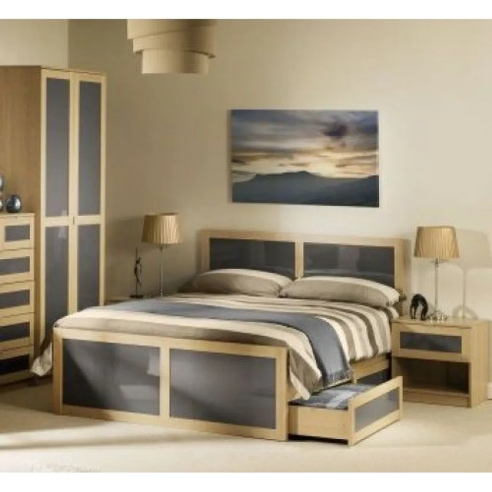 BOXED STRADA BED - 135CM DOUBLE, LIGHT OAK/SMOKED HIGH GLOSS (3 BOXES)