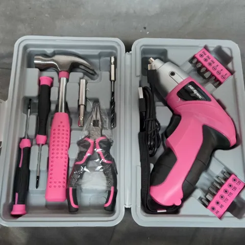Pink cordless drill set with case and accessories