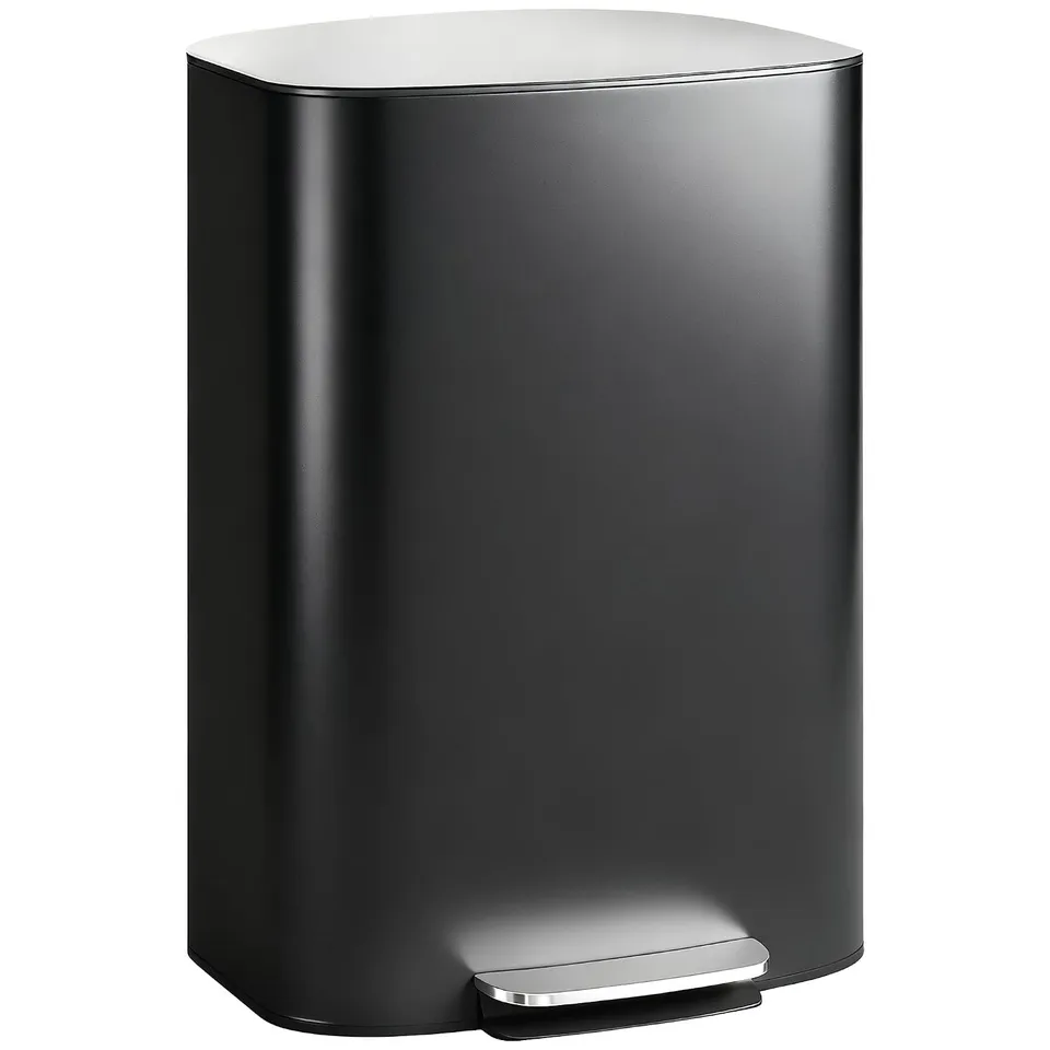 BOXED HOMCOM 50L KITCHEN BIN SOFT-CLOSE LID STAY-OPEN FUNCTION PEDAL BIN BLACK | STAINLESS STEEL, REMOVABLE INNER BUCKET, CARRY HANDLE, FOR KITCHEN OFFICE HOME (1 BOX)