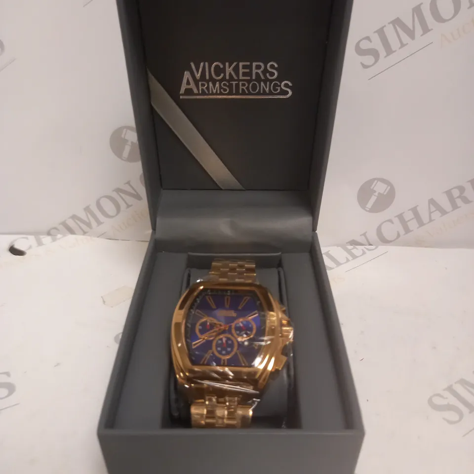 BOXED VICKERS ARMSTRONGS LIMITED EDITION HAND ASSEMBLED ATMOSPHERE ROSE WATCH WITH BLUE DIAL