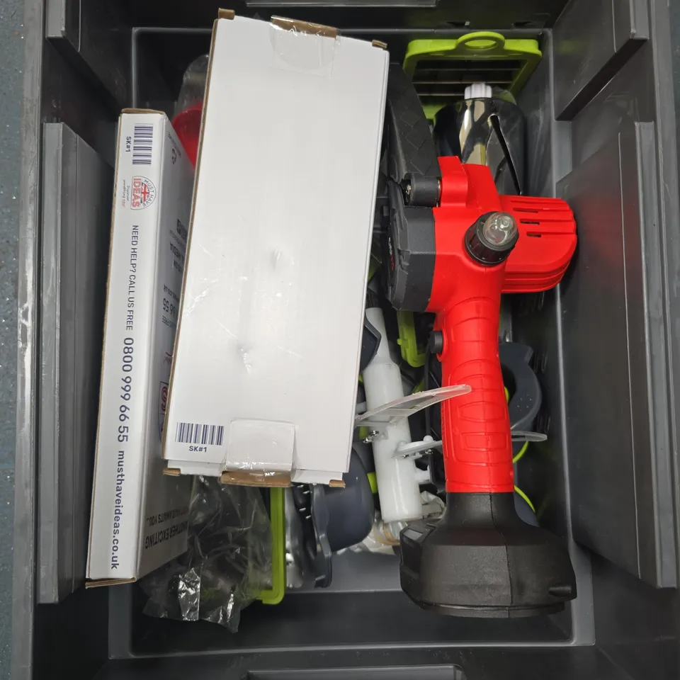 LOT OF APPROXIMATELY 10 SHARP OBJECTS TO INCLUDE A STEEL WIRE WHEEL TRIMMER, SCISSORS AND AN IRWIN WOOD PLANER