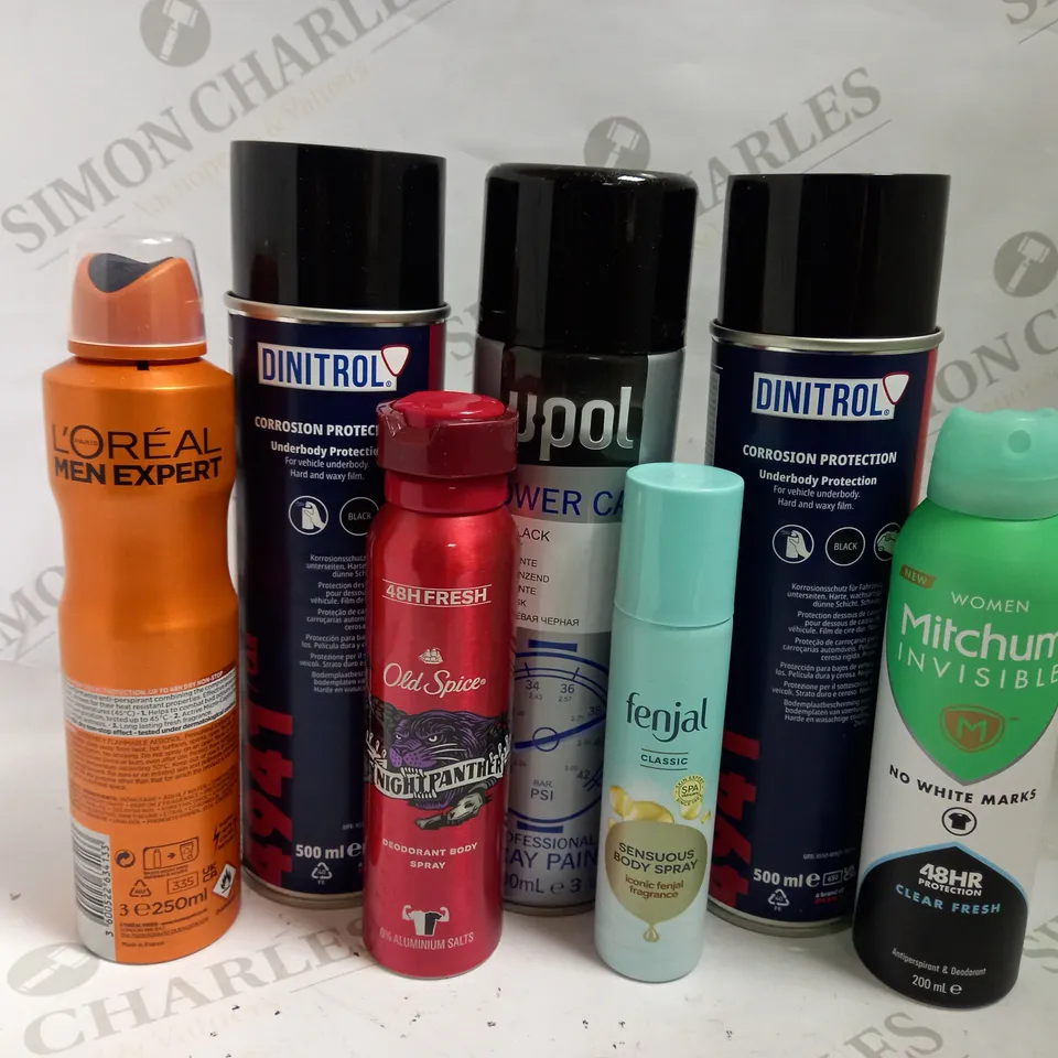 BOX OF APPROX 15 AEROSOLS INCLUDING UPOL SPRAY PAINT, LOREAL MEN EXPERT THERMIC RESIST ANTI PERSPIRANT AND MITCHUM DEOFORANT - COLLECTION ONLY