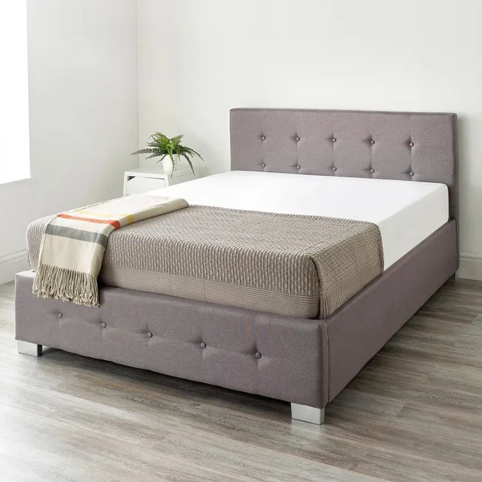 BOXED CADDO FABRIC UPHOLSTERED OTTOMAN BED FRAME - GREY (2 BOXES)