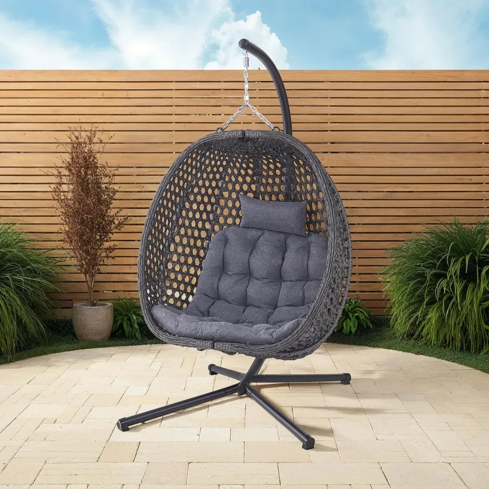 BOXED COMO HANGING RATTAN EGG CHAIR - GREY (1 BOX)