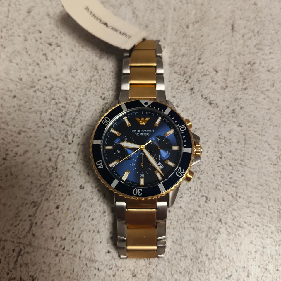 EMPORIO ARMANI CHRONOGRAPH WATCH – BLUE DIAL, TWO-TONE STEEL & GOLD BRACELET
