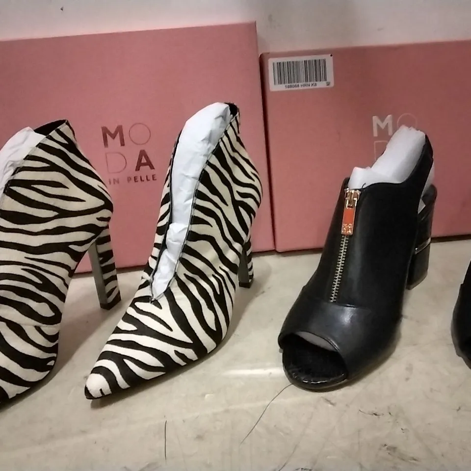 BOXED MODA IN PELLE BLACK CROCK PRINT HEELS SIZE 8 , 3 PAIRS AND 1 PAIR ZEBRA PRINT V CUT BOOT SIZE 38
