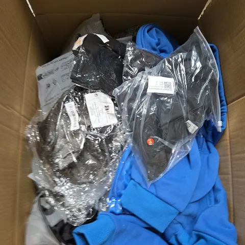 LARGE BOX OF ASSORTED CLOTHING ITEMS IN VARIOUS SIZES, STYLES AND COLOUR 