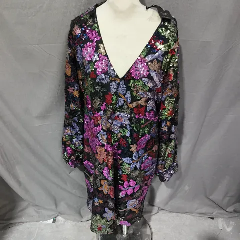 JOANNA HOPE WOMEN'S SEQUIN DRESS – BLACK WITH MULTICOLOUR FLORAL SEQUINS, UK SIZE 20