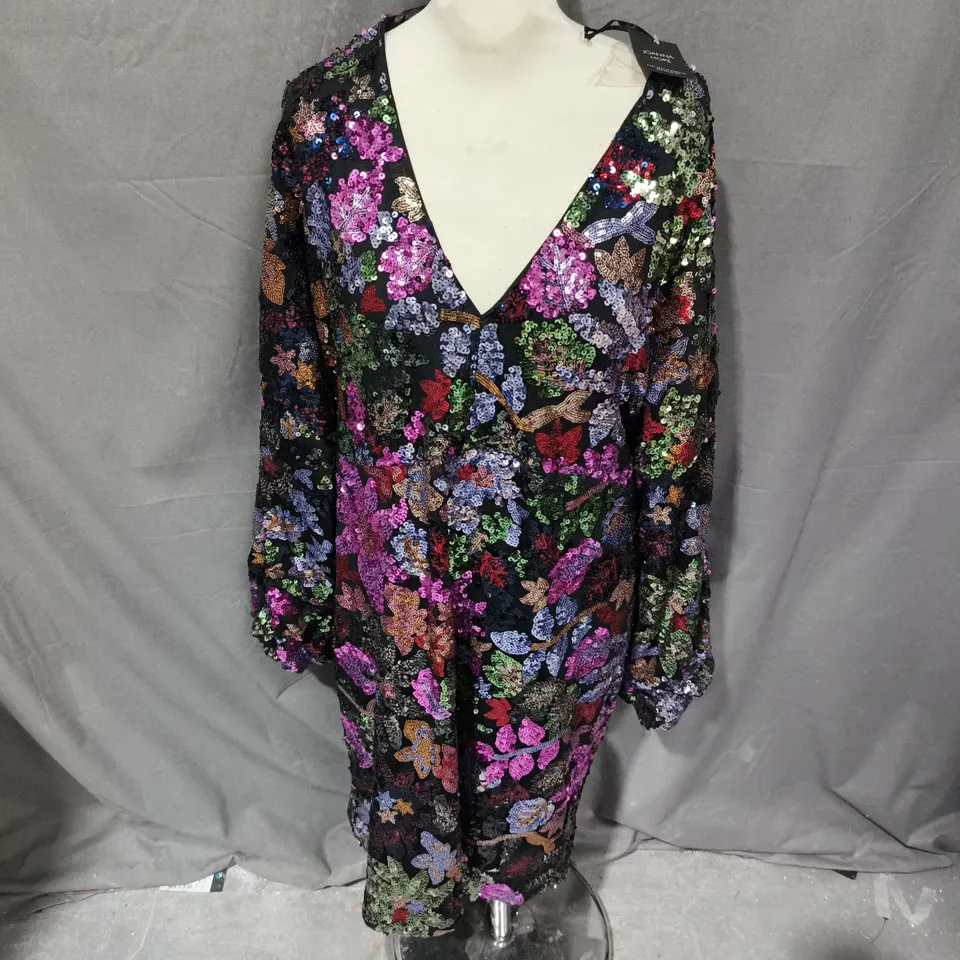 JOANNA HOPE WOMEN'S SEQUIN DRESS – BLACK WITH MULTICOLOUR FLORAL SEQUINS, UK SIZE 20