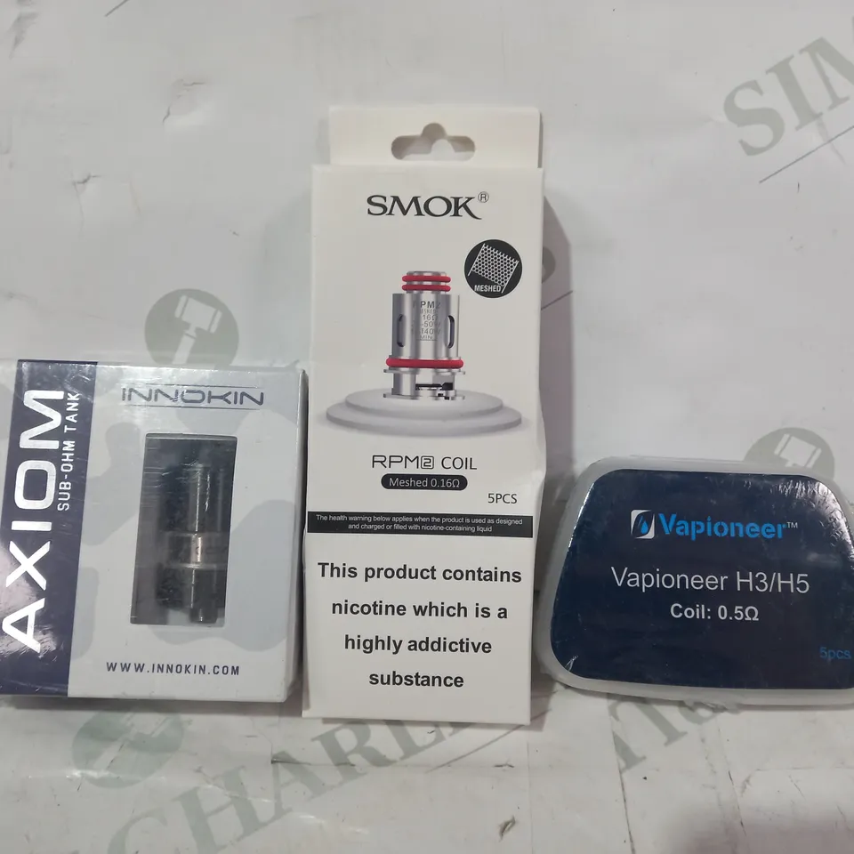 BOX OF APPROXIMATELY 30 ASSORTED VAPE ACCESSORIES IN VARIOUS STYLES TO INCLUDE VAPIONEER, SMOK, INNOKIN, ETC