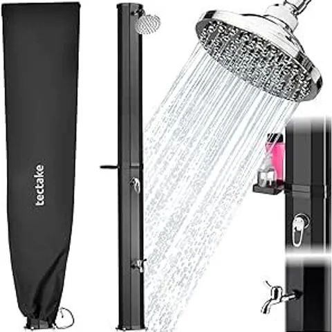 BOXED 35L SOLAR SHOWER WITH 360° RAIN SHOWER HEAD, MIXER TAP, FOOT TAP & UNIVERSAL HOSE CONNECTION