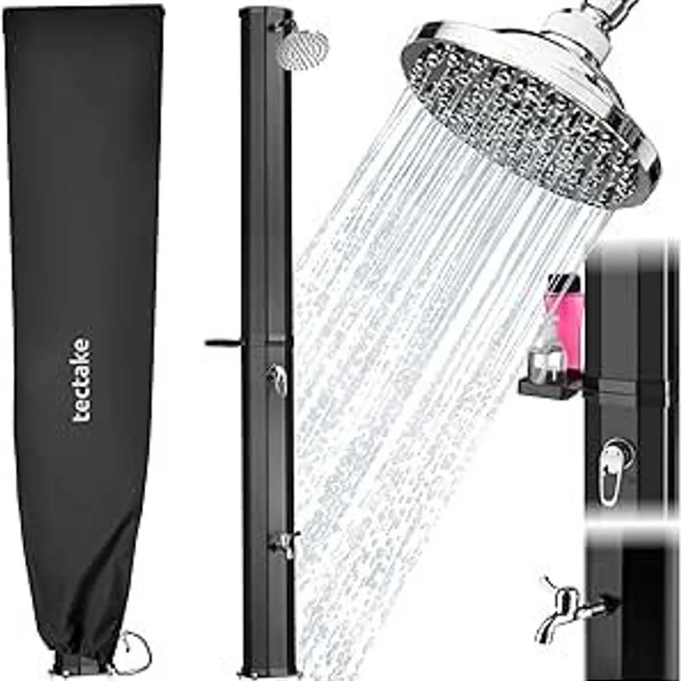 BOXED 35L SOLAR SHOWER WITH 360° RAIN SHOWER HEAD, MIXER TAP, FOOT TAP & UNIVERSAL HOSE CONNECTION