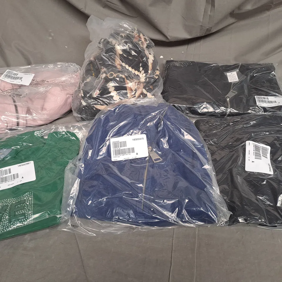 BOX OF ASSORTED CLOTHING ITEMS TOO INCLUDE COATS , TOPS, AND TROUSERS   ETC. 